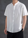White short-sleeve button-front cotton-blend shirt with band collar