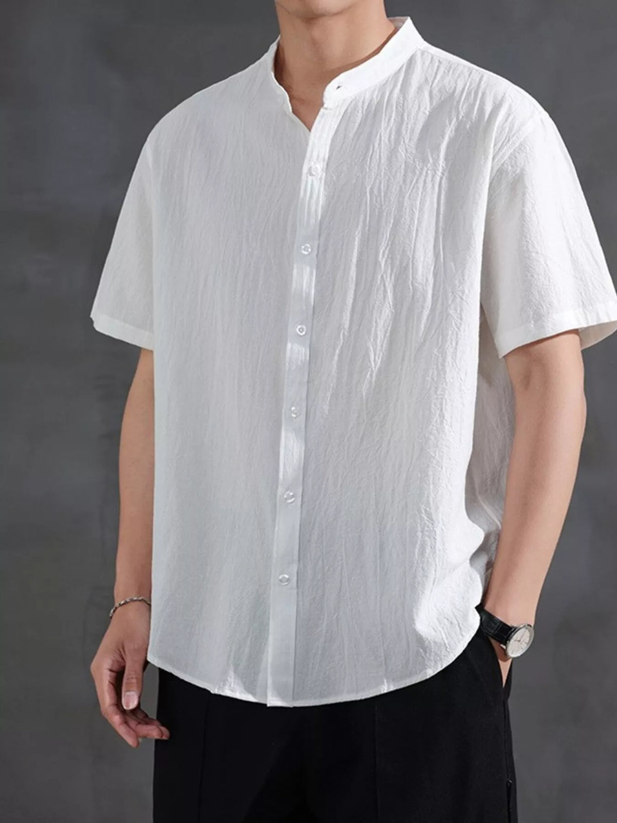 White short-sleeve button-front cotton-blend shirt with band collar