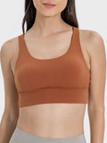 Caramel brown scoop-neck active tank sports bra with supportive underband