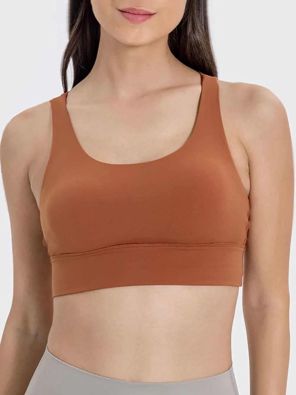 Caramel brown scoop-neck active tank sports bra with supportive underband