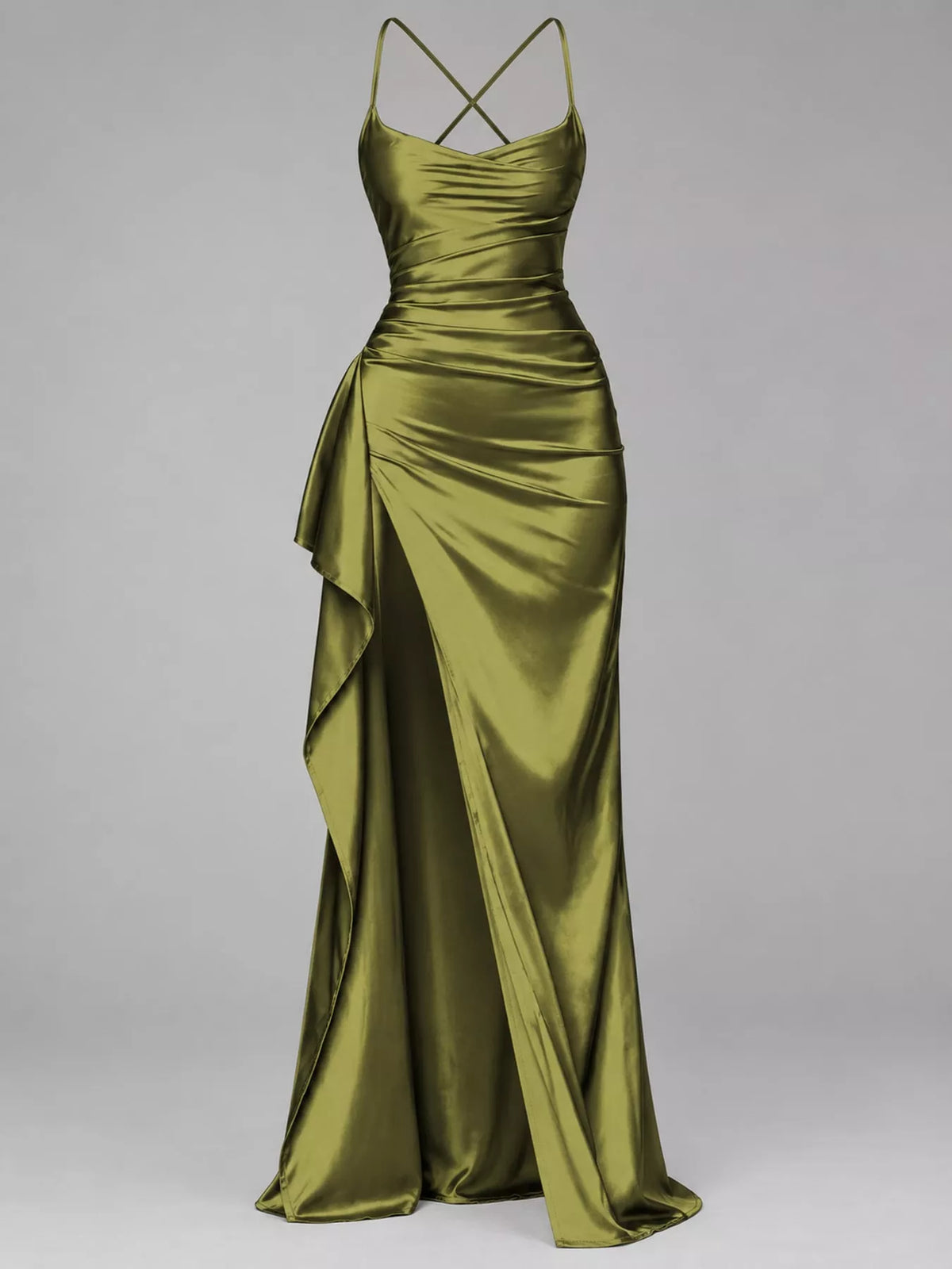 Ruched satin maxi dress with crisscross back straps and flowing high slit, olive