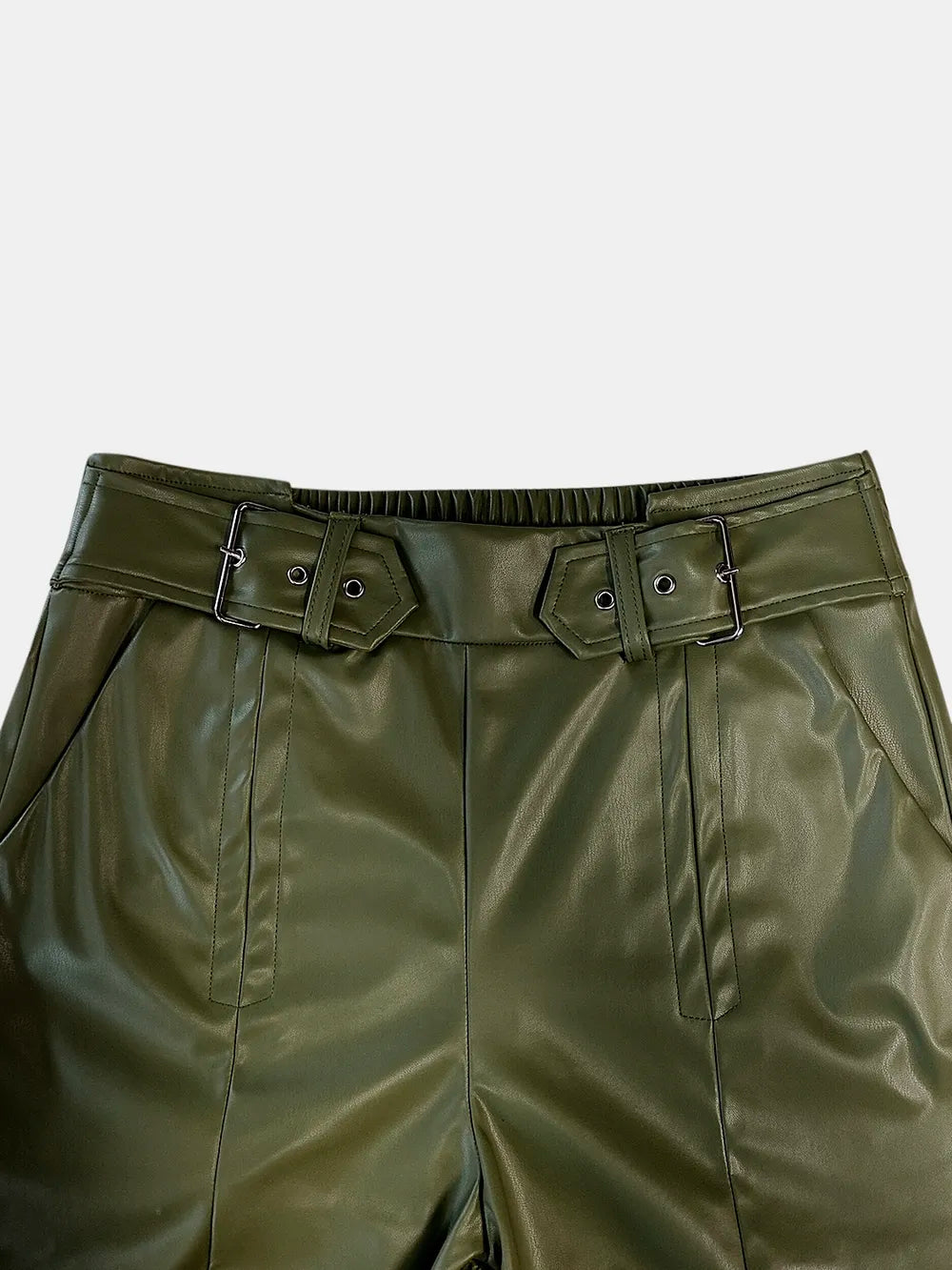 Moss green wide-leg pants, half elastic waist with front belt buckle and loops