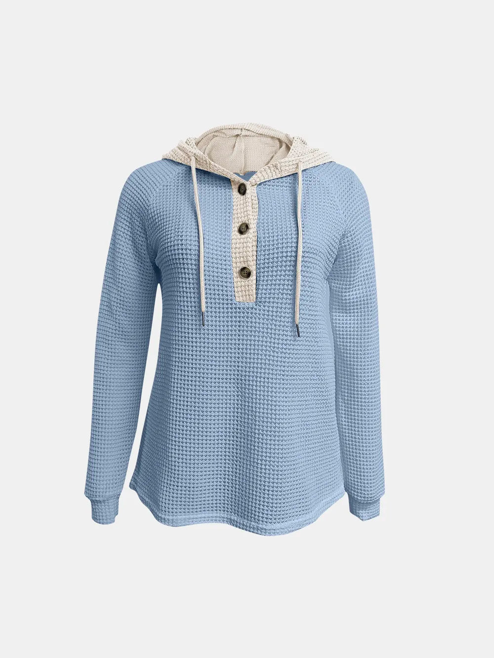 Light blue waffle-knit long sleeve hoodie with hood drawstrings and button-front henley