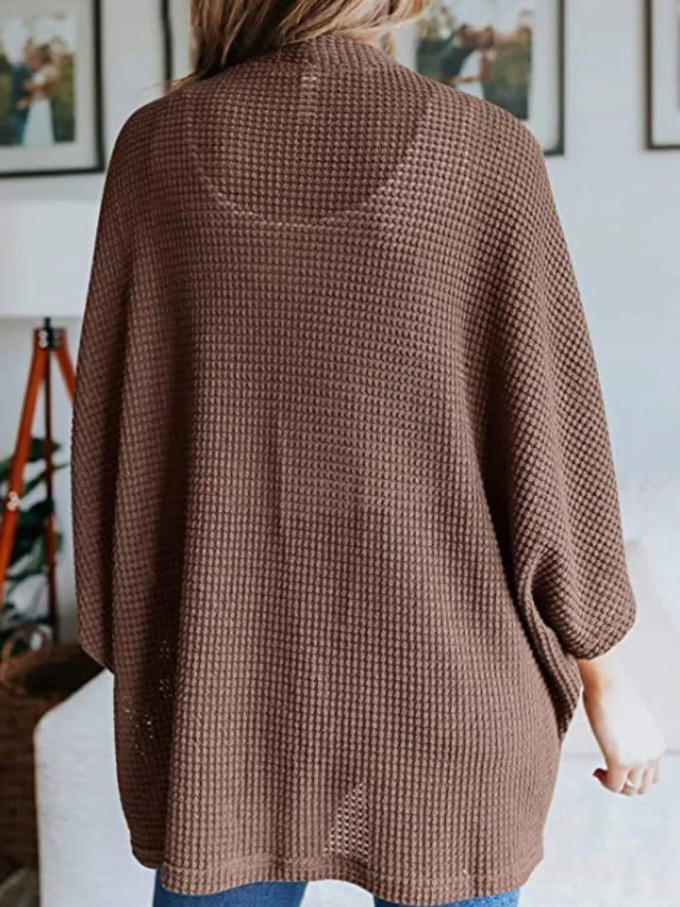 Taupe waffle knit open-front cardigan with relaxed plus-size fit and three-quarter sleeves