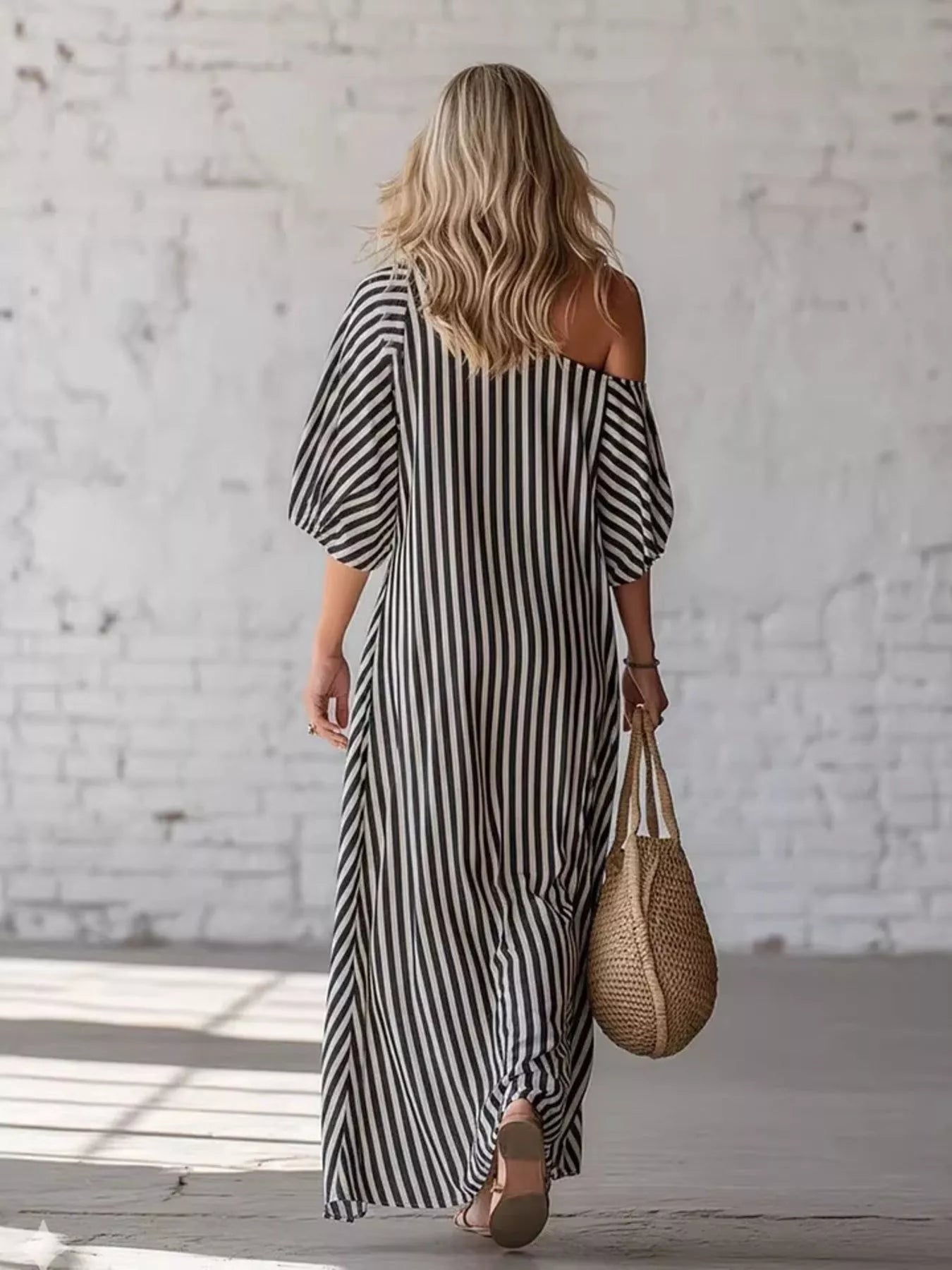 Cedar & Moore striped black-and-white one-shoulder maxi dress, plus size