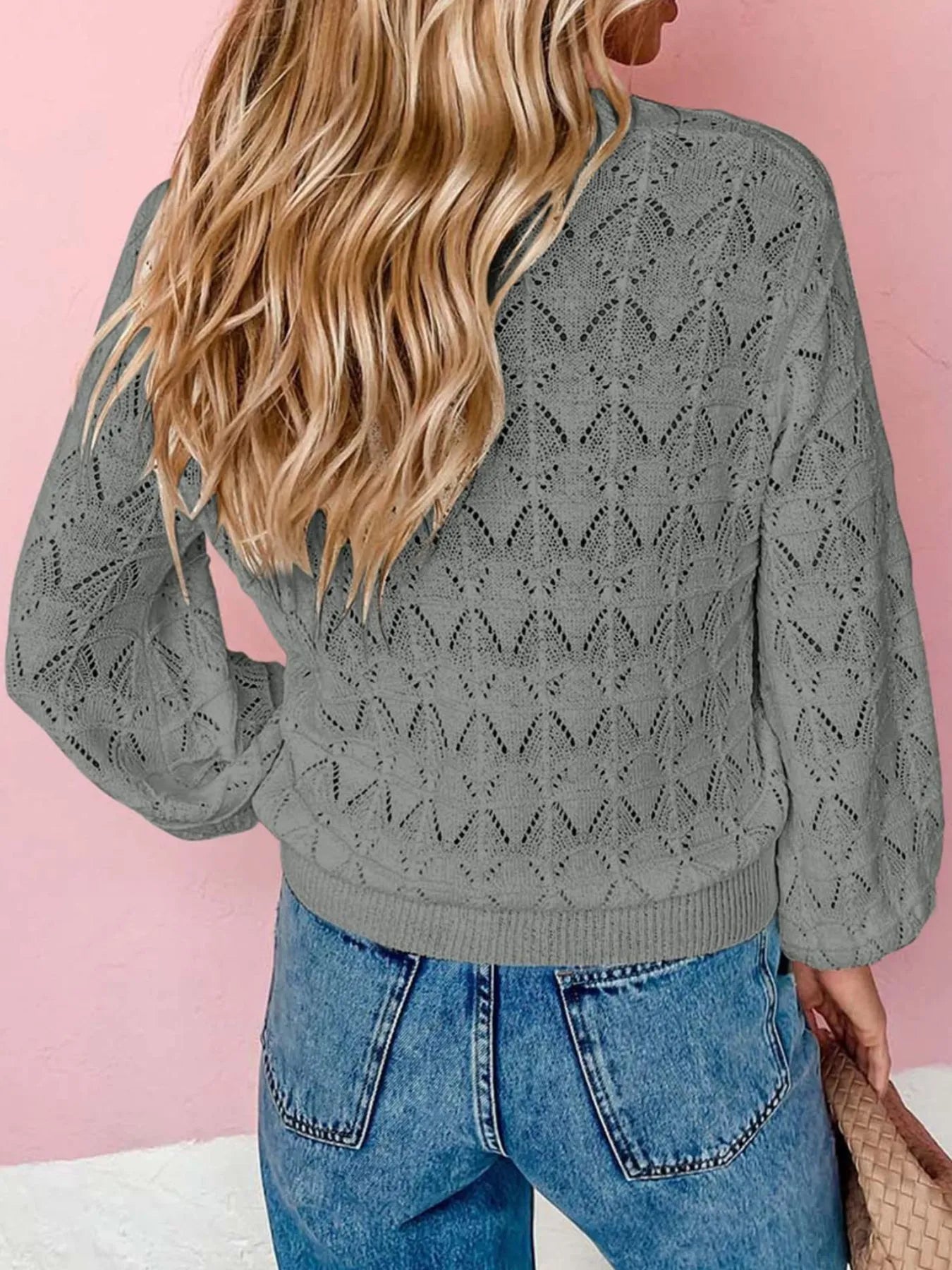 Gray openwork cardigan with V-neck, button front, long balloon-style sleeves