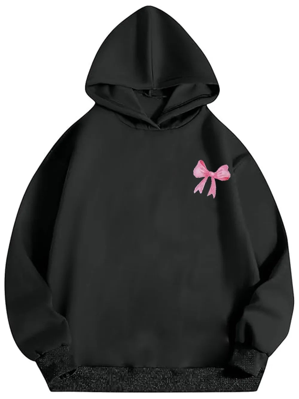 Black long-sleeve hoodie with pink bow detail on right chest