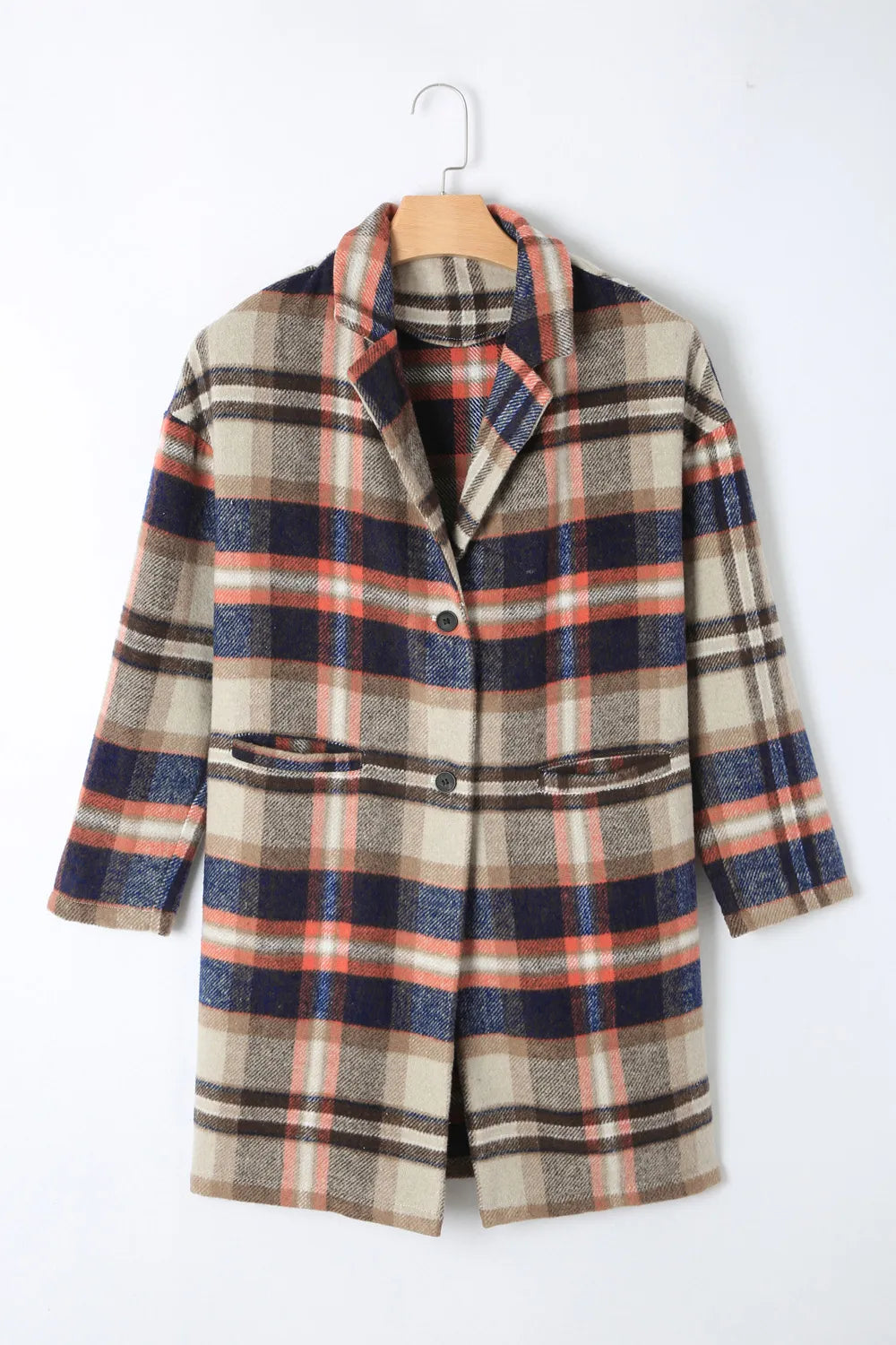 Plaid longline jacket on hanger, beige navy and orange check, button-front, long sleeves
