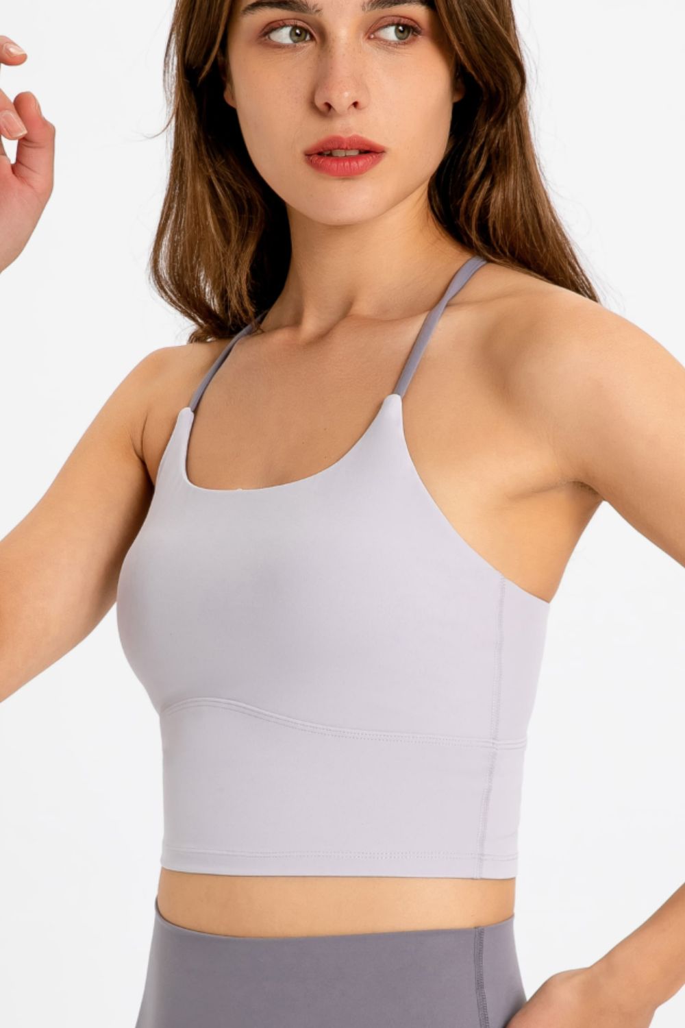 Light blue scoop neck sports cami, sleeveless with thin straps
