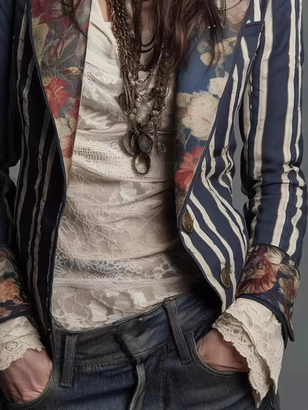 Striped blazer close-up with floral lining panels and lace-trim cuffs