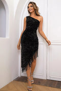 Black sequin one-shoulder dress with asymmetrical fringe hem, fitted midi silhouette.