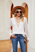 White contrast V-neck long-sleeve blouse with textured lace-look sleeves