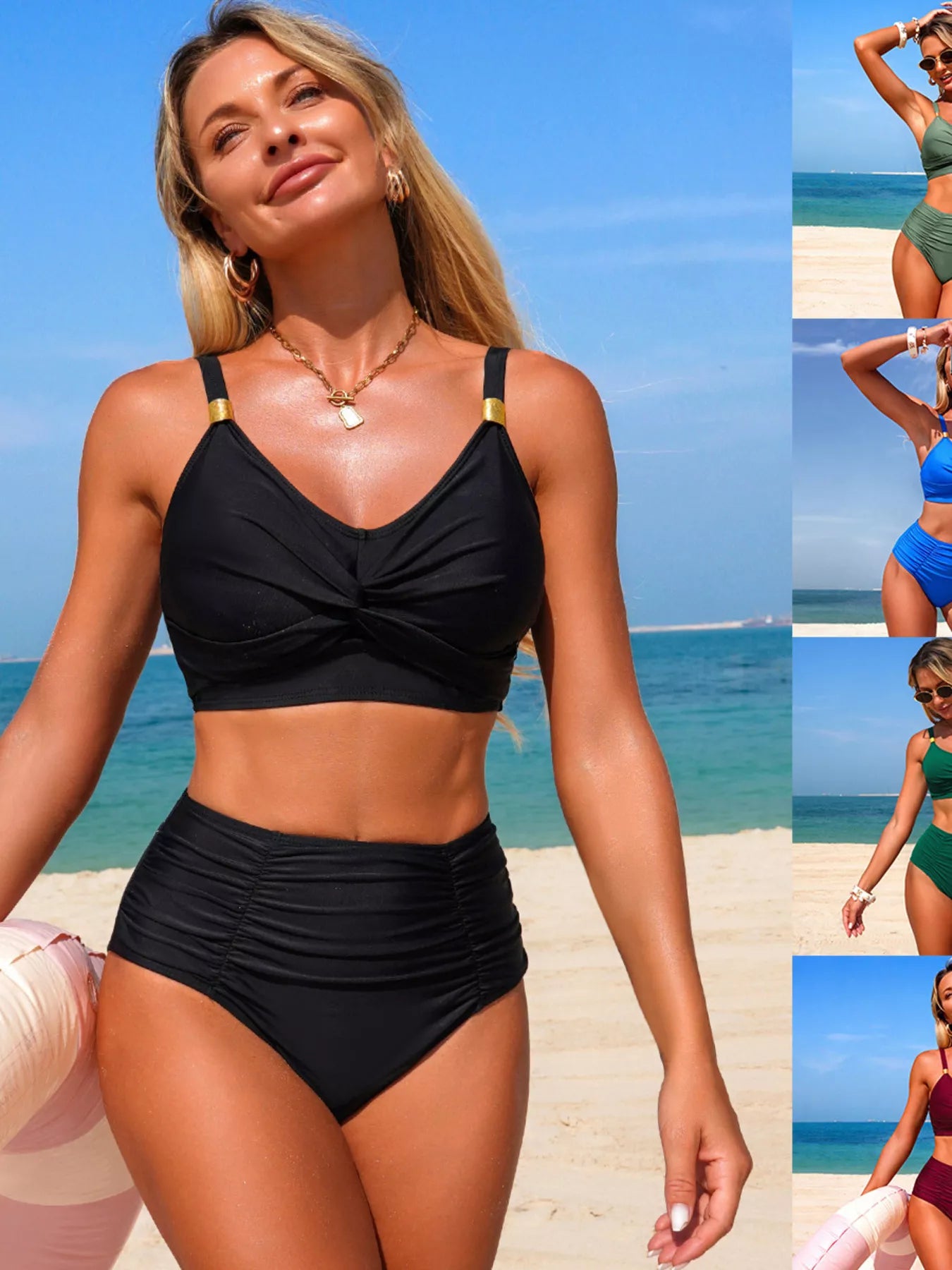 Twisted Front High-Waisted Bikini Set by Trendsi, black ruched top with high-waist bottoms