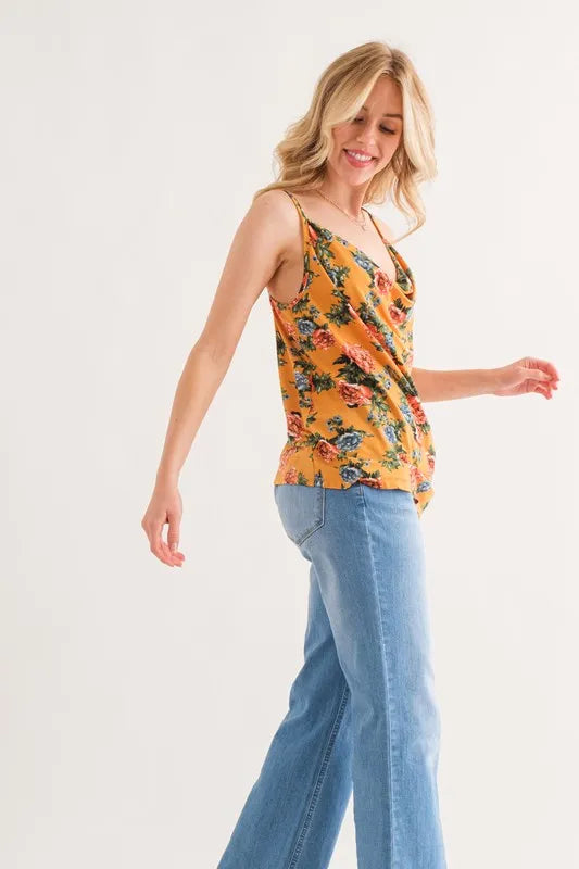 Mustard floral printed tank top with thin straps and draped V-neck