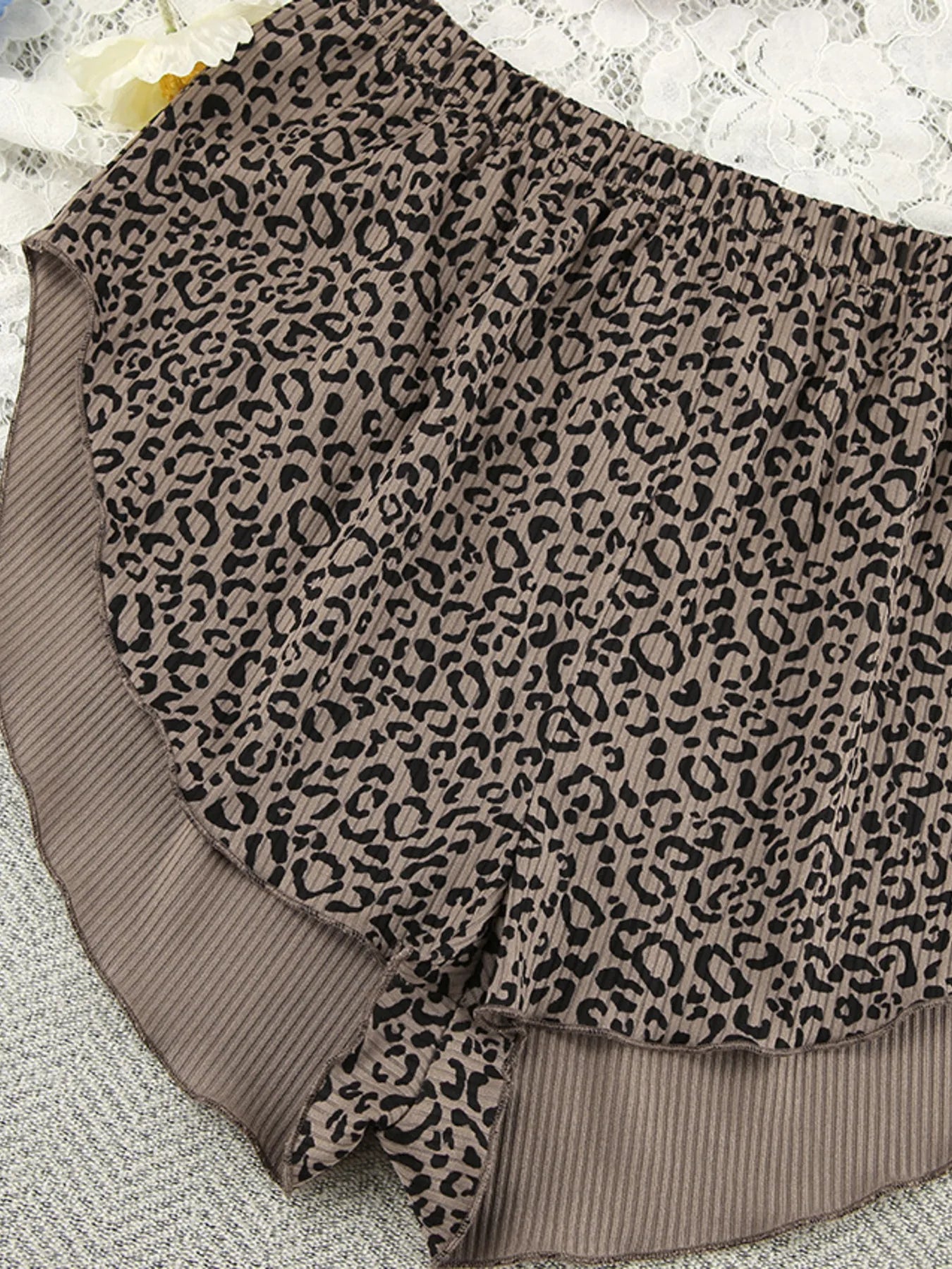 Leopard print cami cardigan top with ribbed cuffs and waistband trim