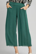 Plus-size linen blend wide-leg pants, dark green elastic waist and frayed hem