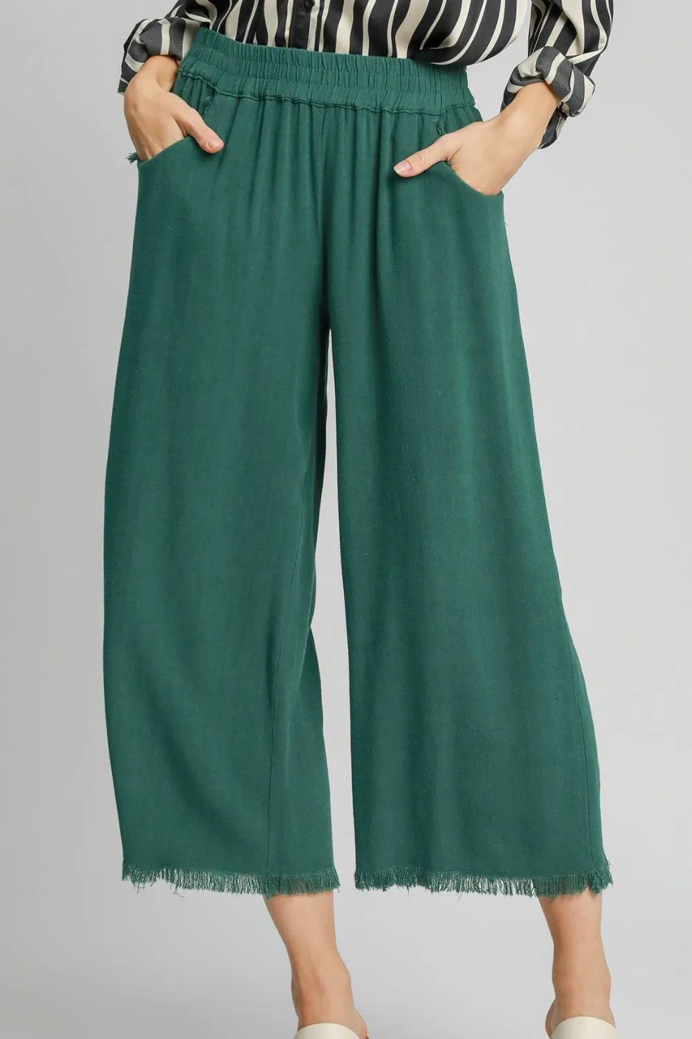 Plus-size linen blend wide-leg pants, dark green elastic waist and frayed hem