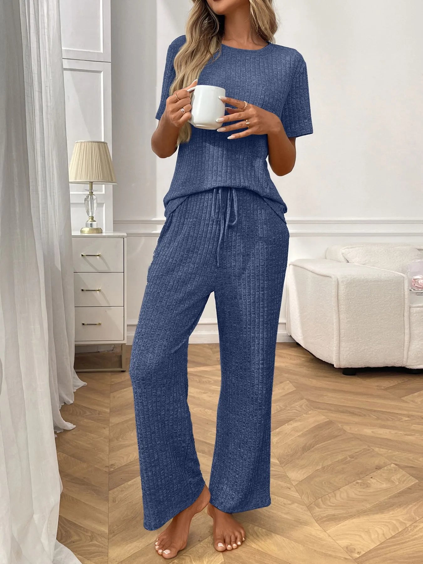 Ribbed knit lounge set in blue: short sleeve top and wide-leg pants with drawstring waist
