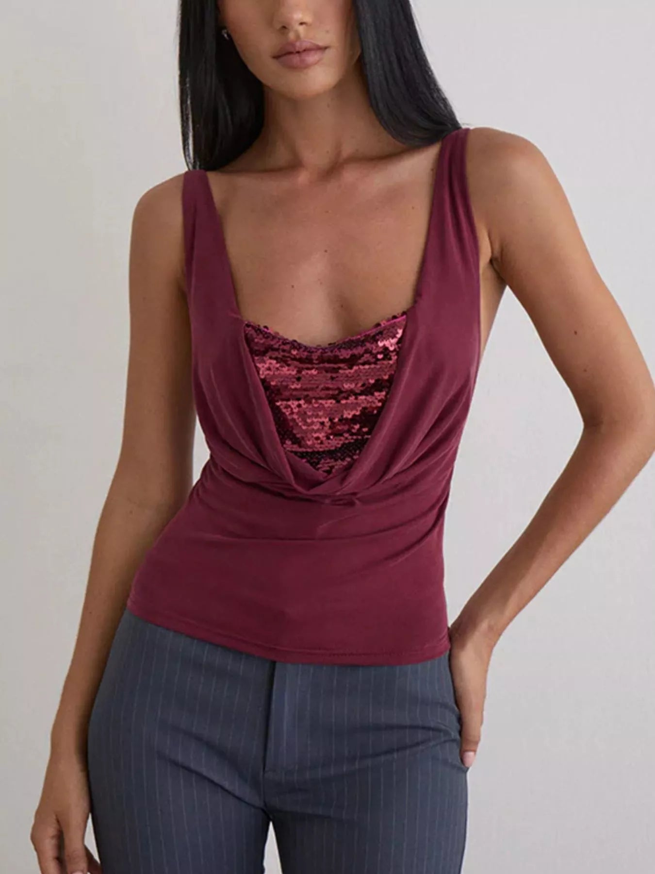 Cedar & Moore Sequin Detail Ruched Tank burgundy with pink sequin inset