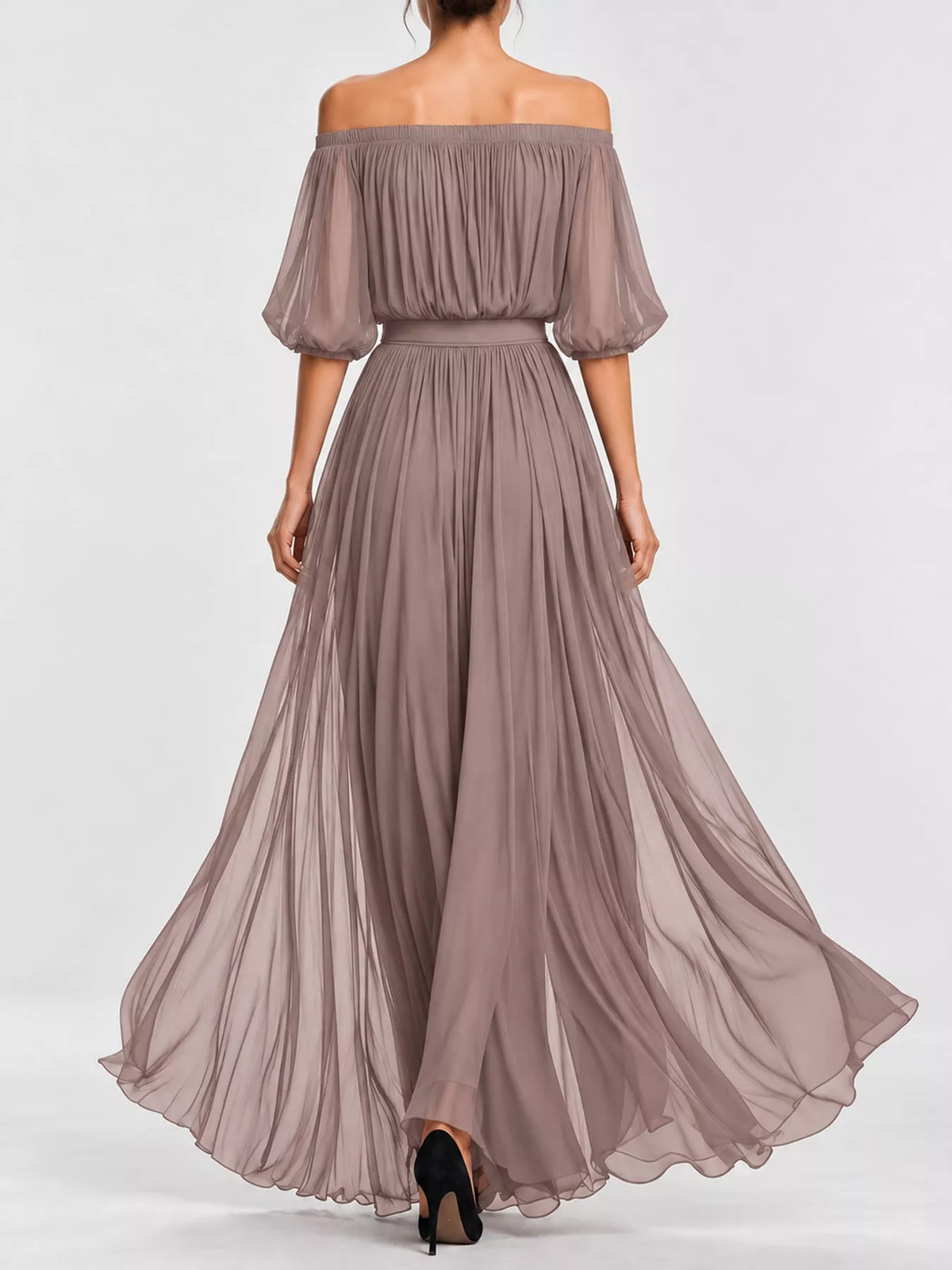 Taupe off-shoulder ruched chiffon maxi dress with gathered waist and tiered skirt, back view