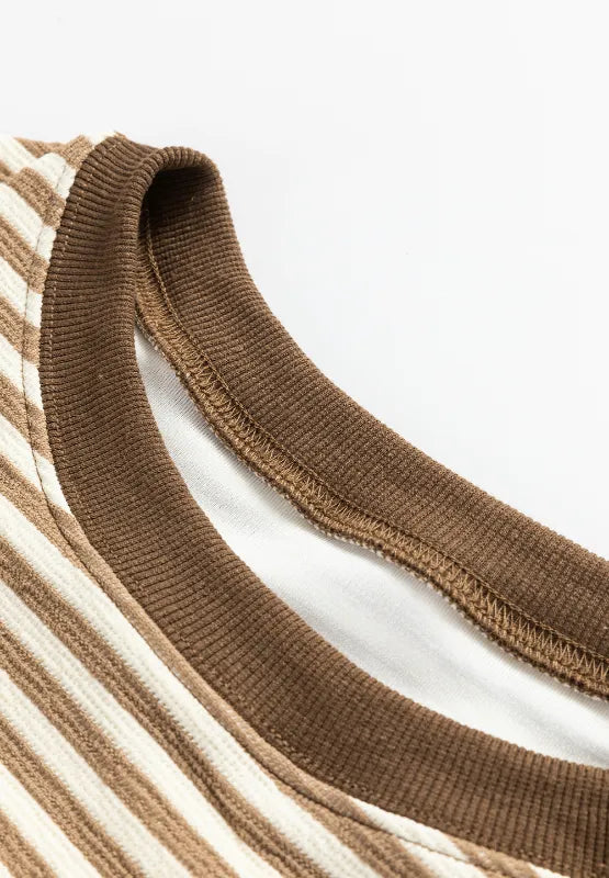 Taupe-and-cream striped knit sweatshirt with ribbed collar trim