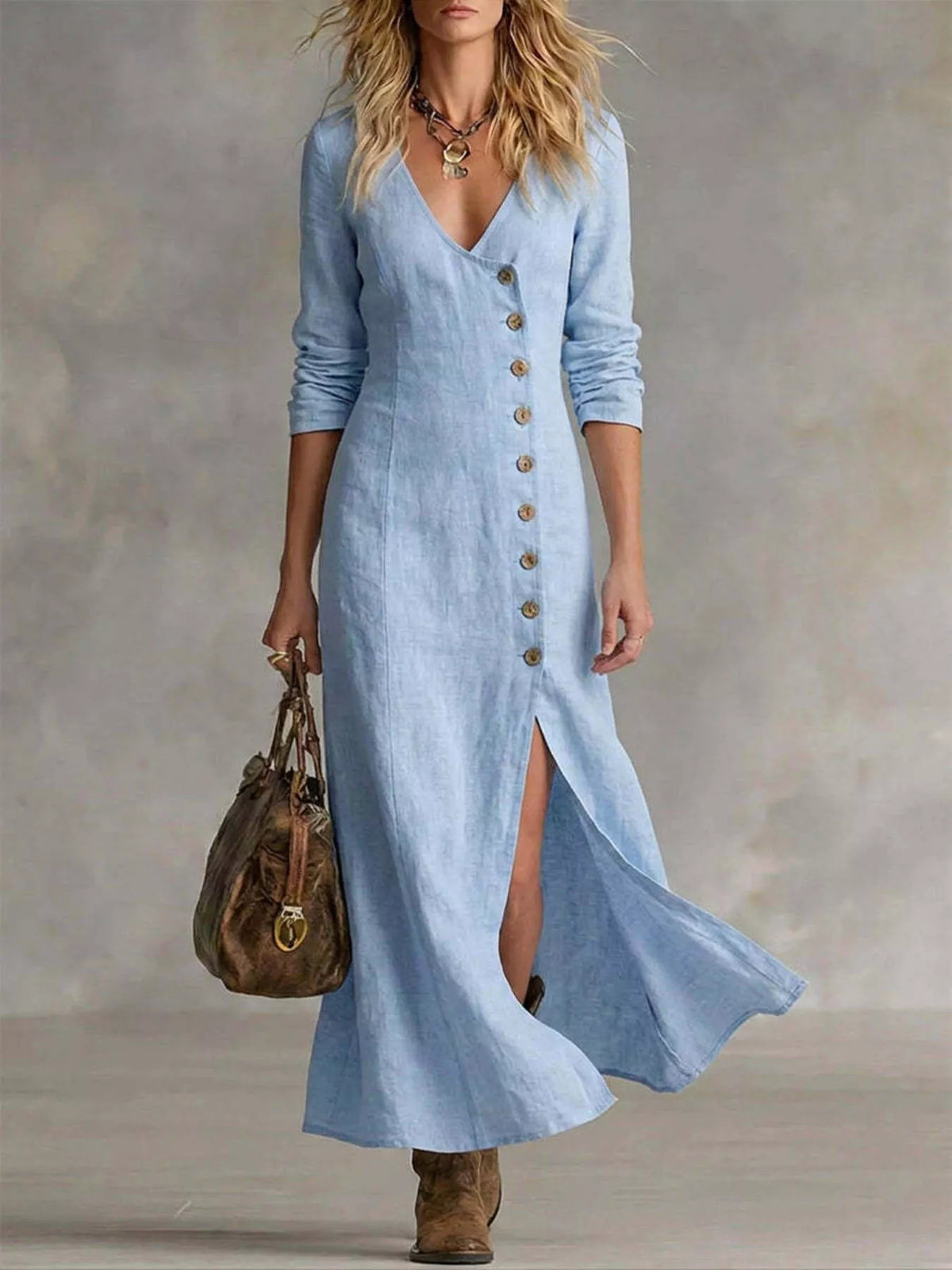 Women’s light blue button-front midi dress with V-neck and side slit