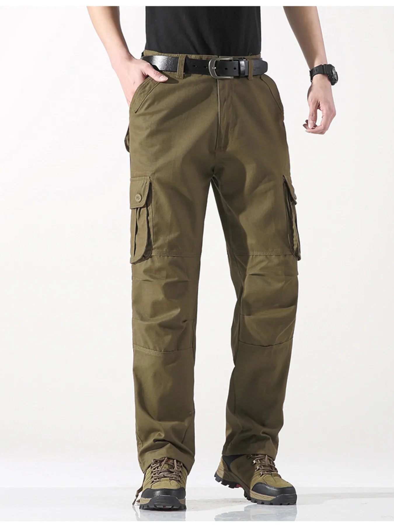 Wide leg cargo pants in olive green with belt and side cargo pockets