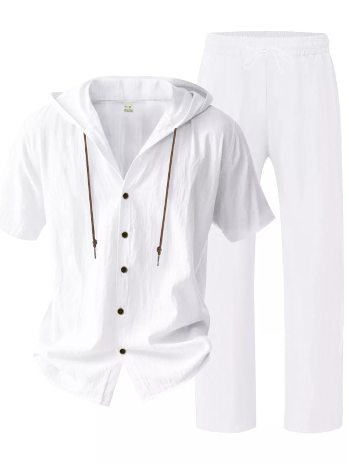 Mens linen hooded button-up short-sleeve top and pants set, white studio set