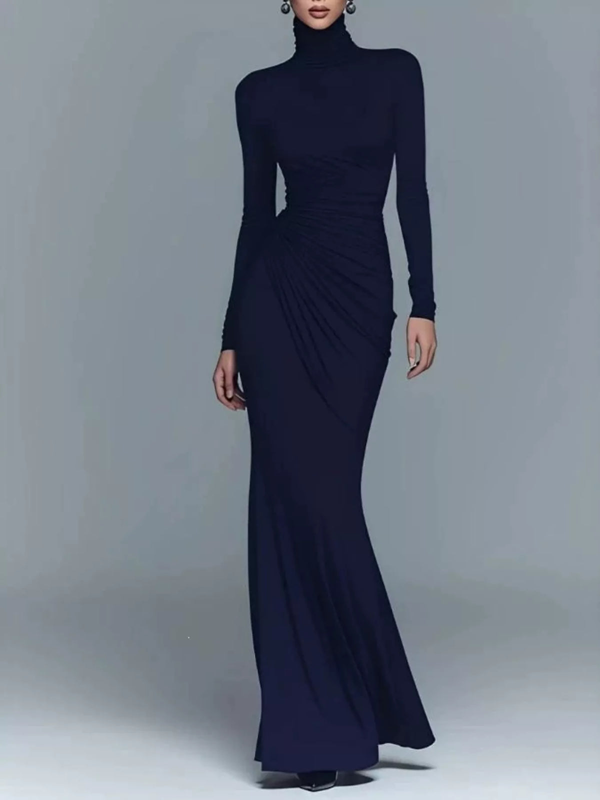 Dark blue ruched turtleneck maxi dress with long sleeves and gathered side panel