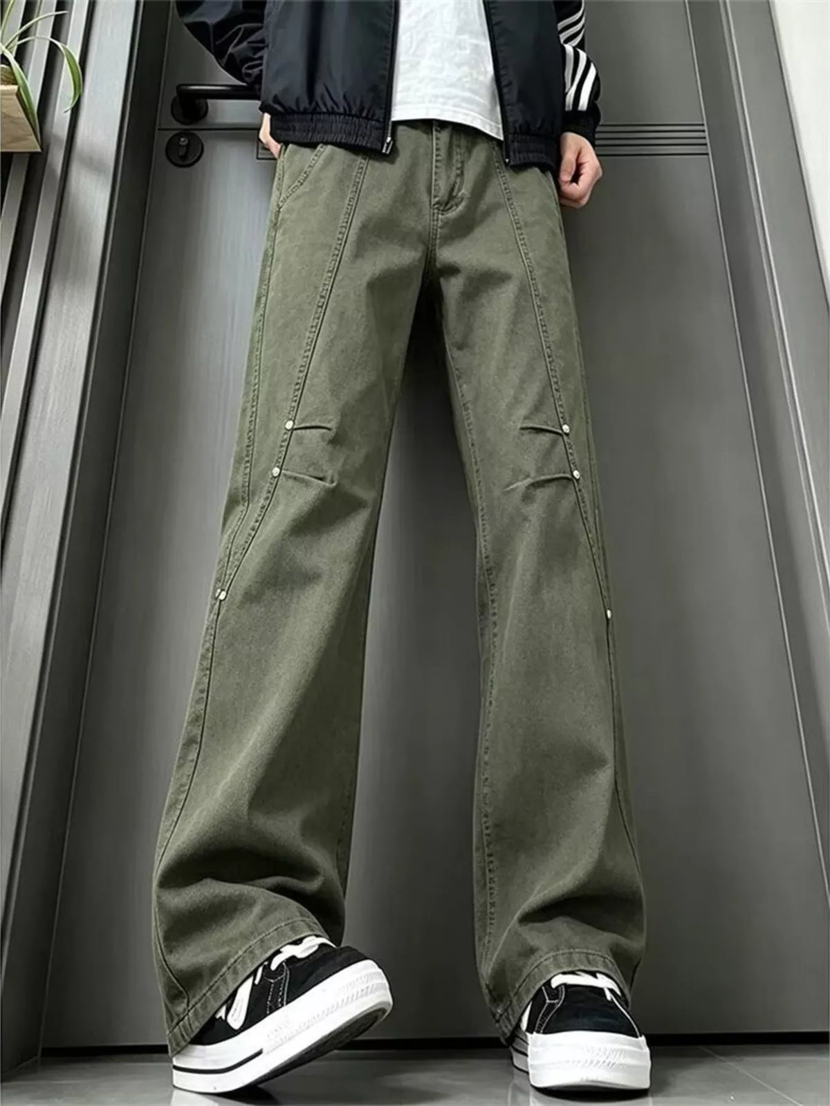 Men's wide-leg green jeans with buttoned cargo-style side seams