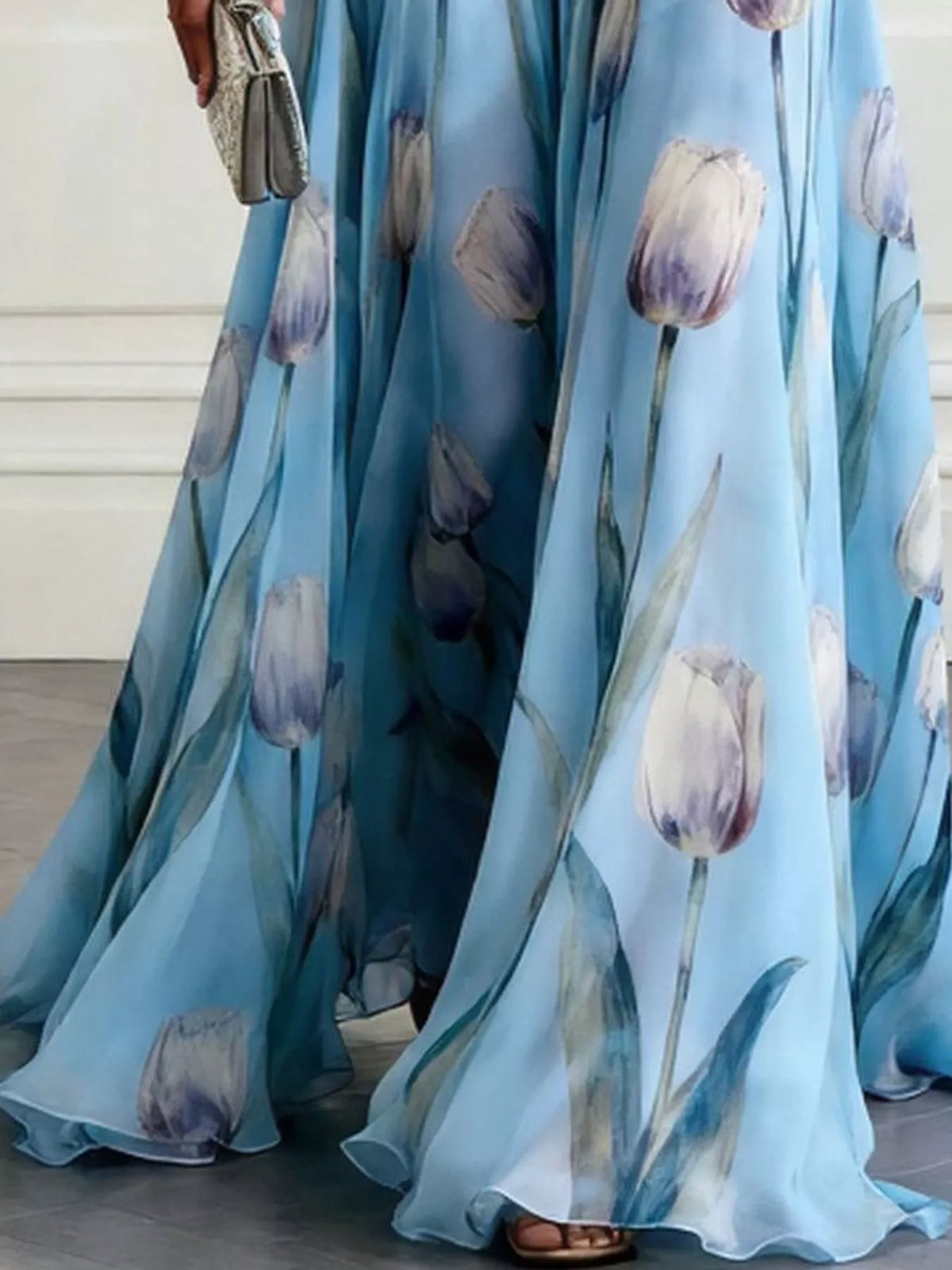 Sky blue floral print maxi dress with soft drape and ruched waist