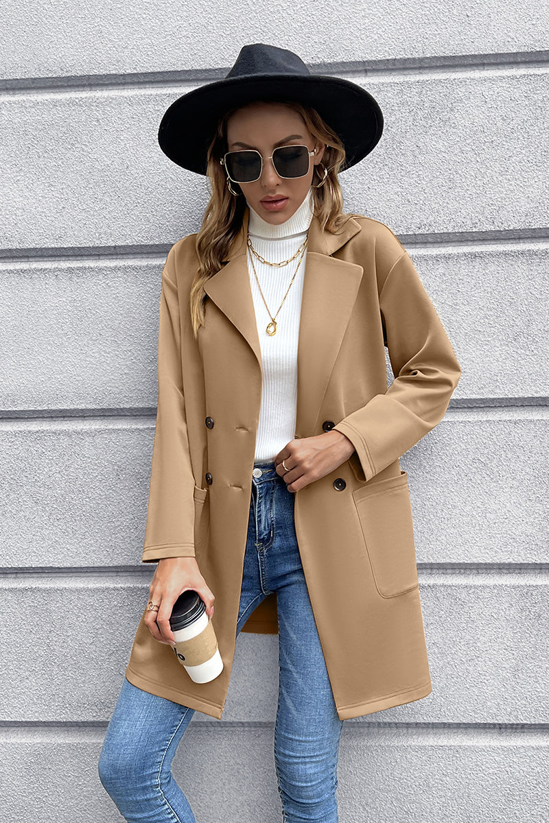 Camel long sleeve lapel blazer with button front and chest pocket, tailored fit