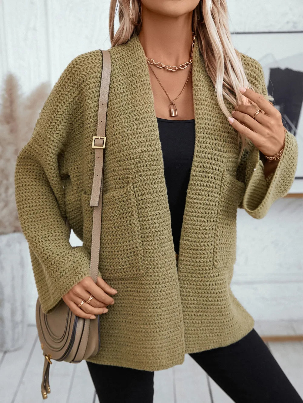 Moss open-front textured knit long sleeve cardigan with patch pockets