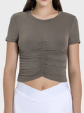 Mocha ruched active t-shirt with round neck and short sleeves