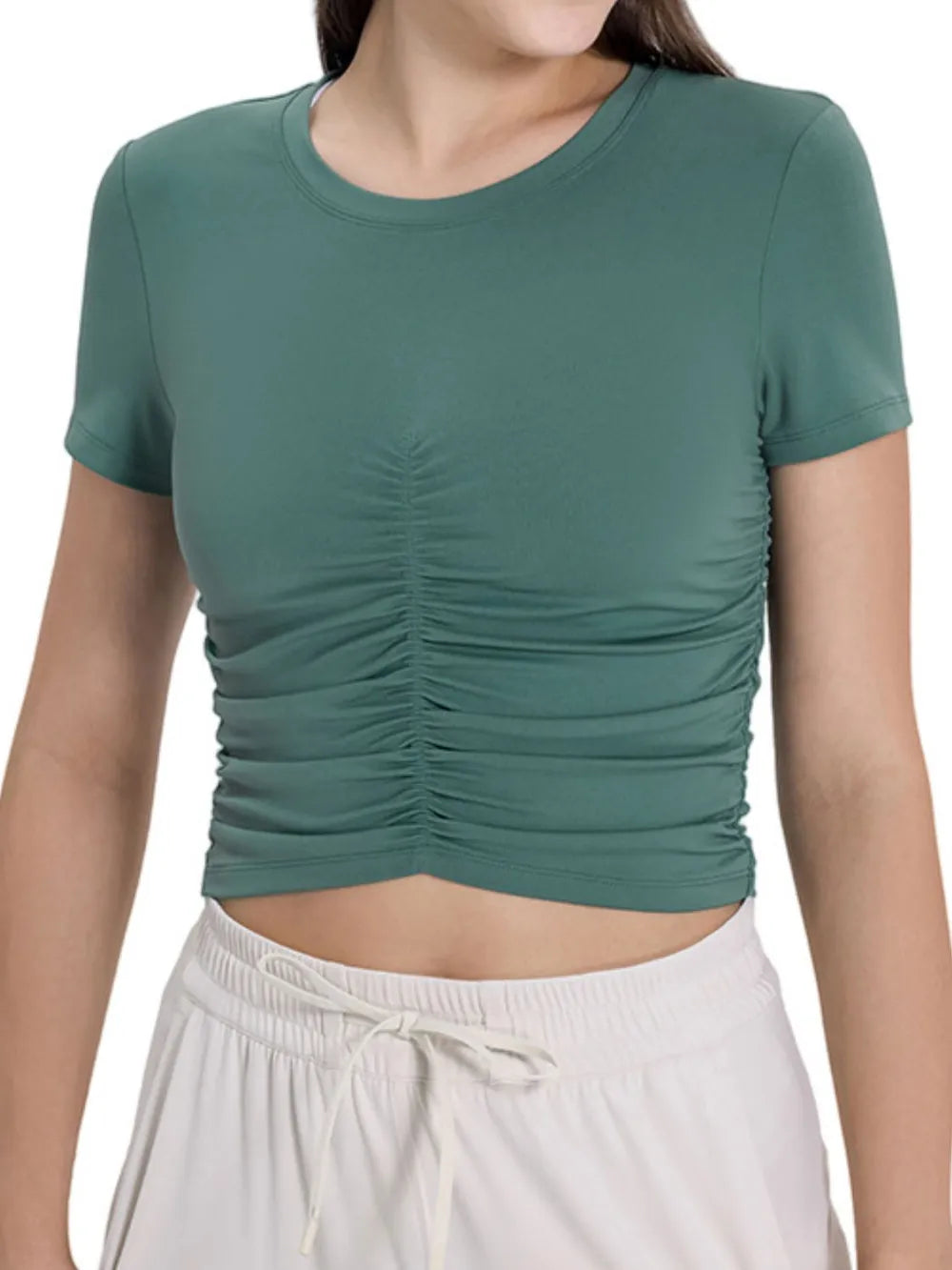 Ruched active t-shirt, dark green, round neck short sleeves with side gathers