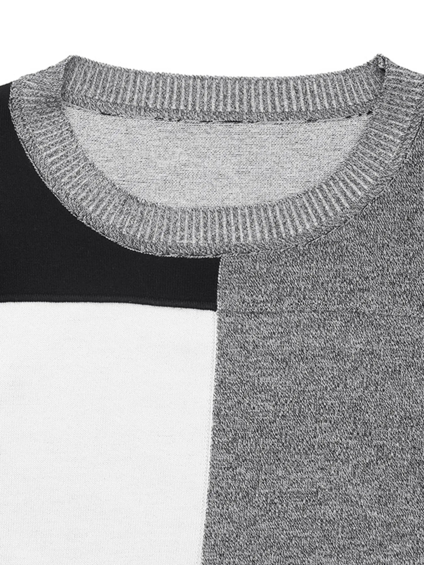 Grey heather knit crew neck sweater with ribbed neckline and black/white color panel