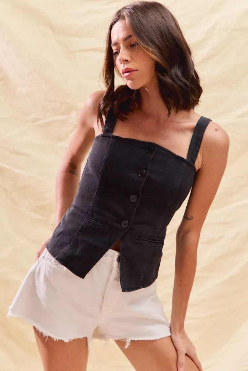 Black denim sleeveless top with button-front bodice and structured side panels