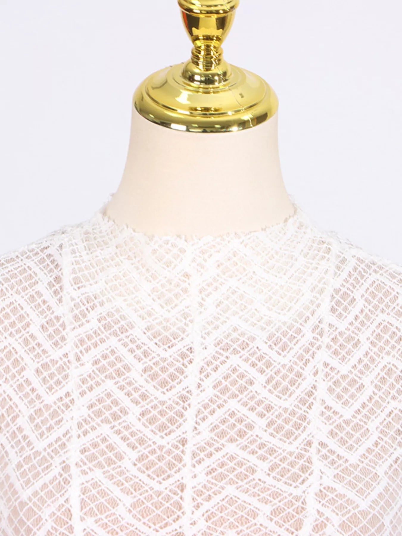 Cedar & Moore Lace Mock Neck Long Sleeve Maxi Dress in ivory lace on mannequin