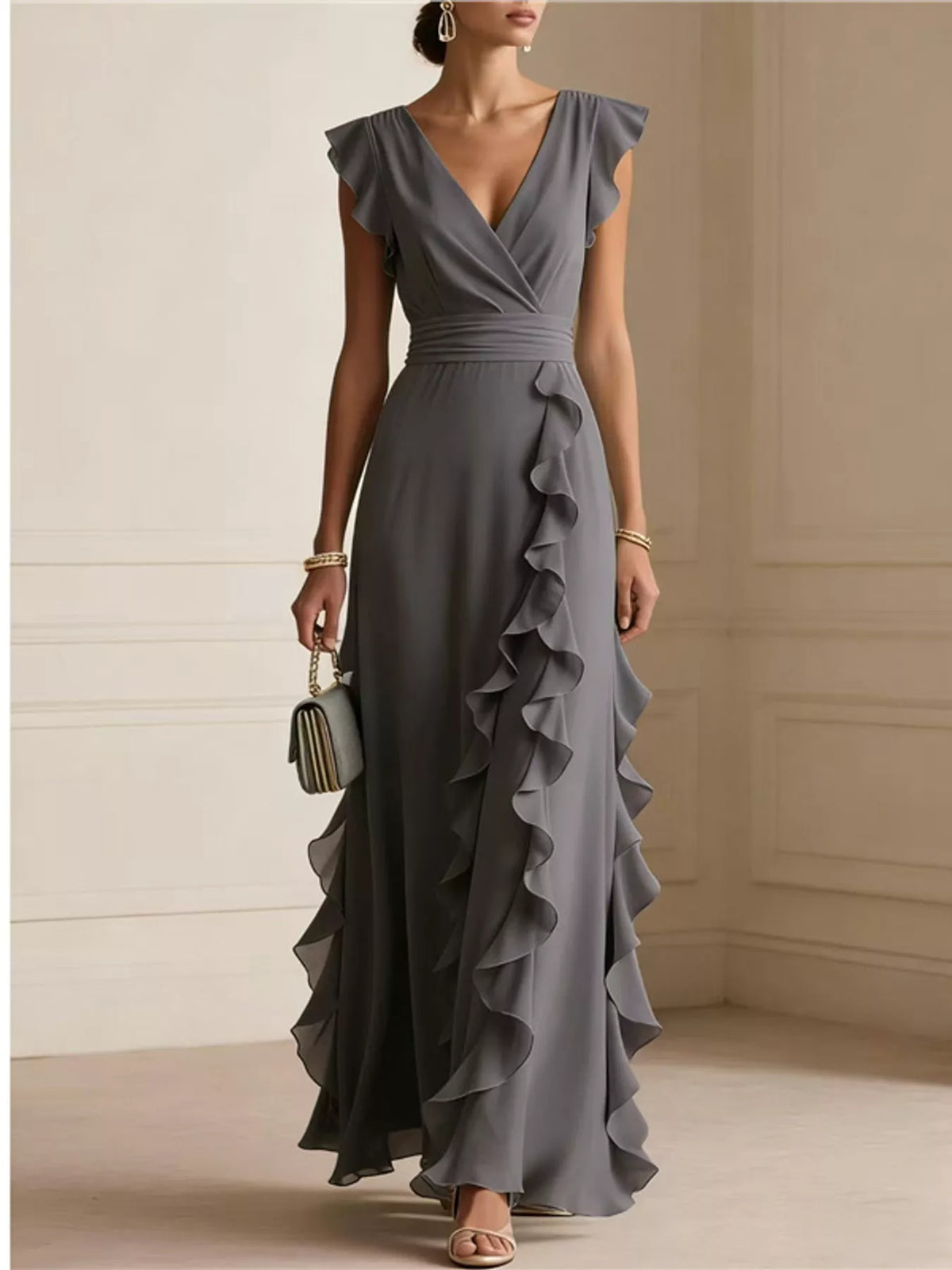 Graphite gray sleeveless maxi dress with high waist, V-neck wrap, and ruffled cascade