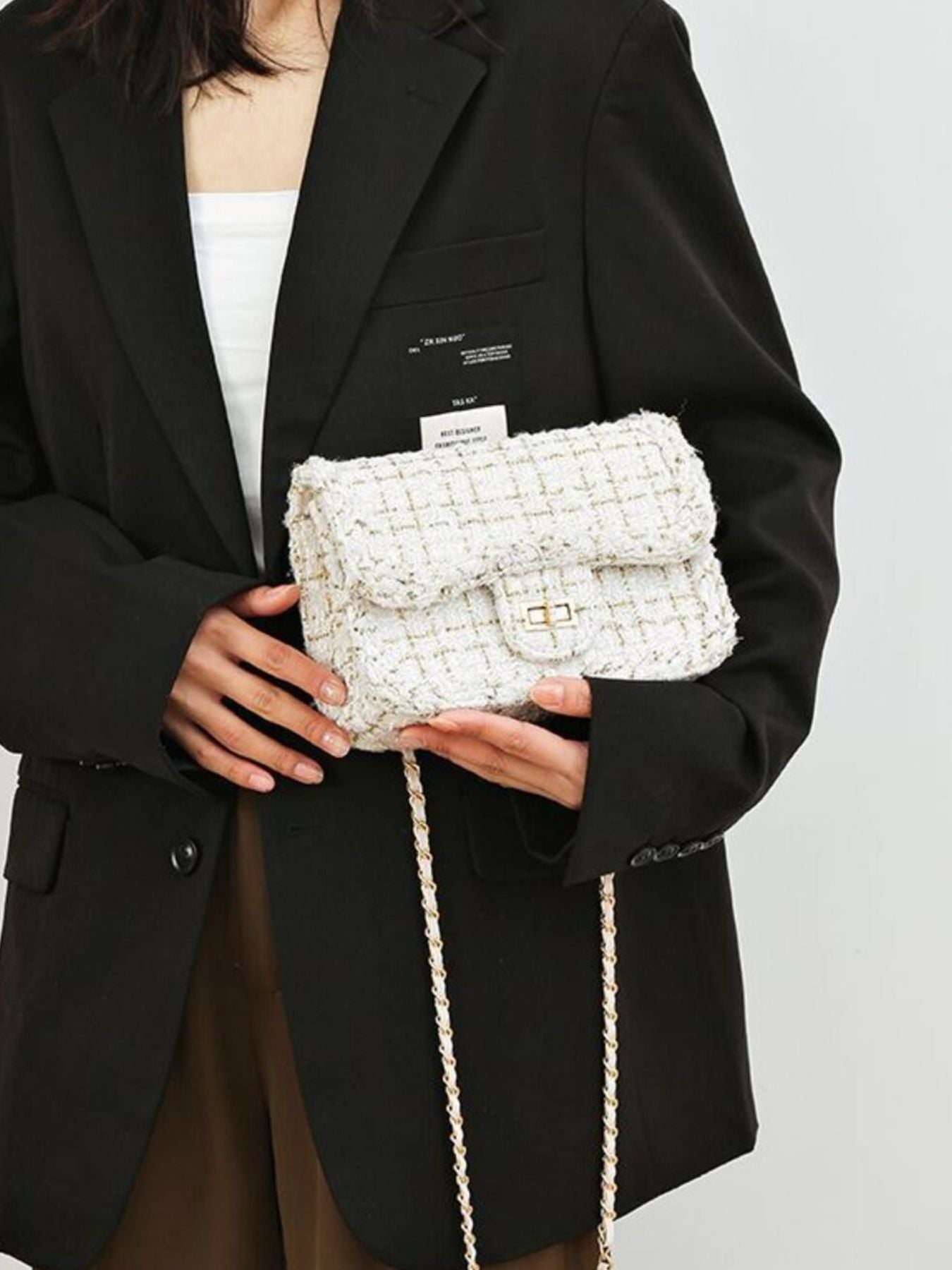 Tweed Chain Shoulder Bag by Trendsi, medium, white textured tweed with gold chain strap