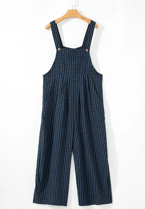 Dark blue plaid wide-leg overalls with button bib and wide straps