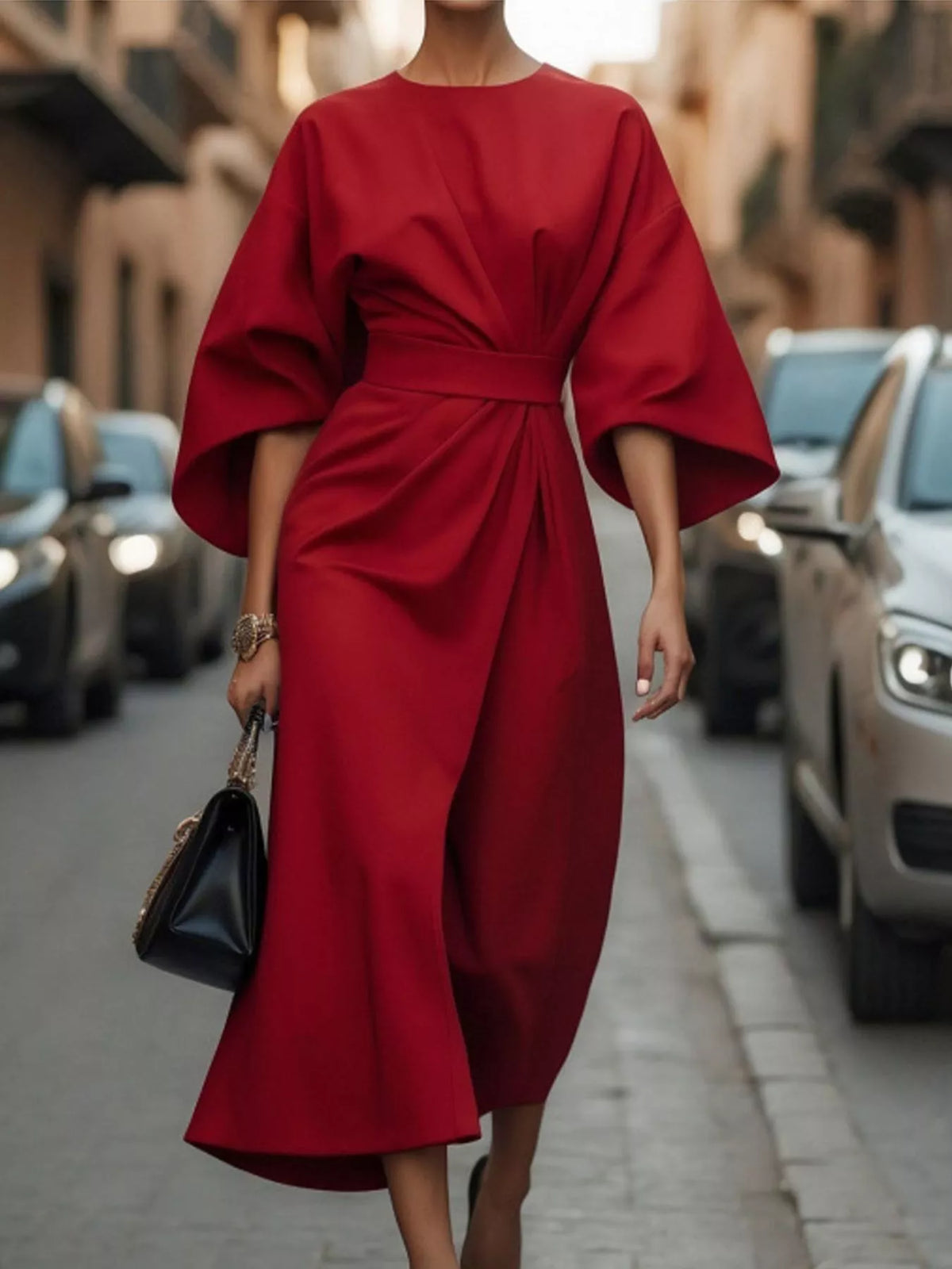 Red kimono-sleeve belted midi dress with high waist and draped waist tie.