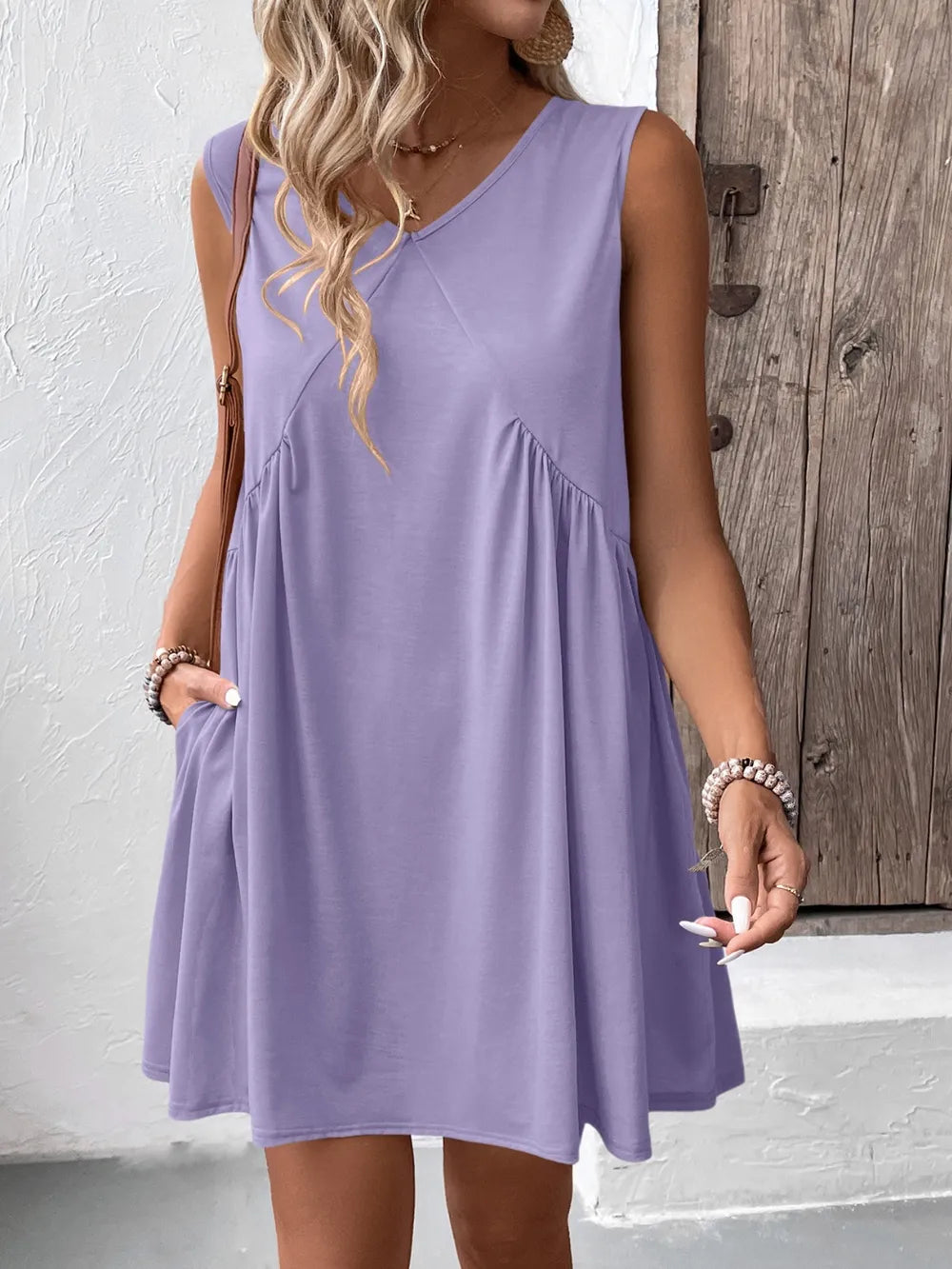 Ivy Lane lavender ruched V-neck sleeveless mini dress