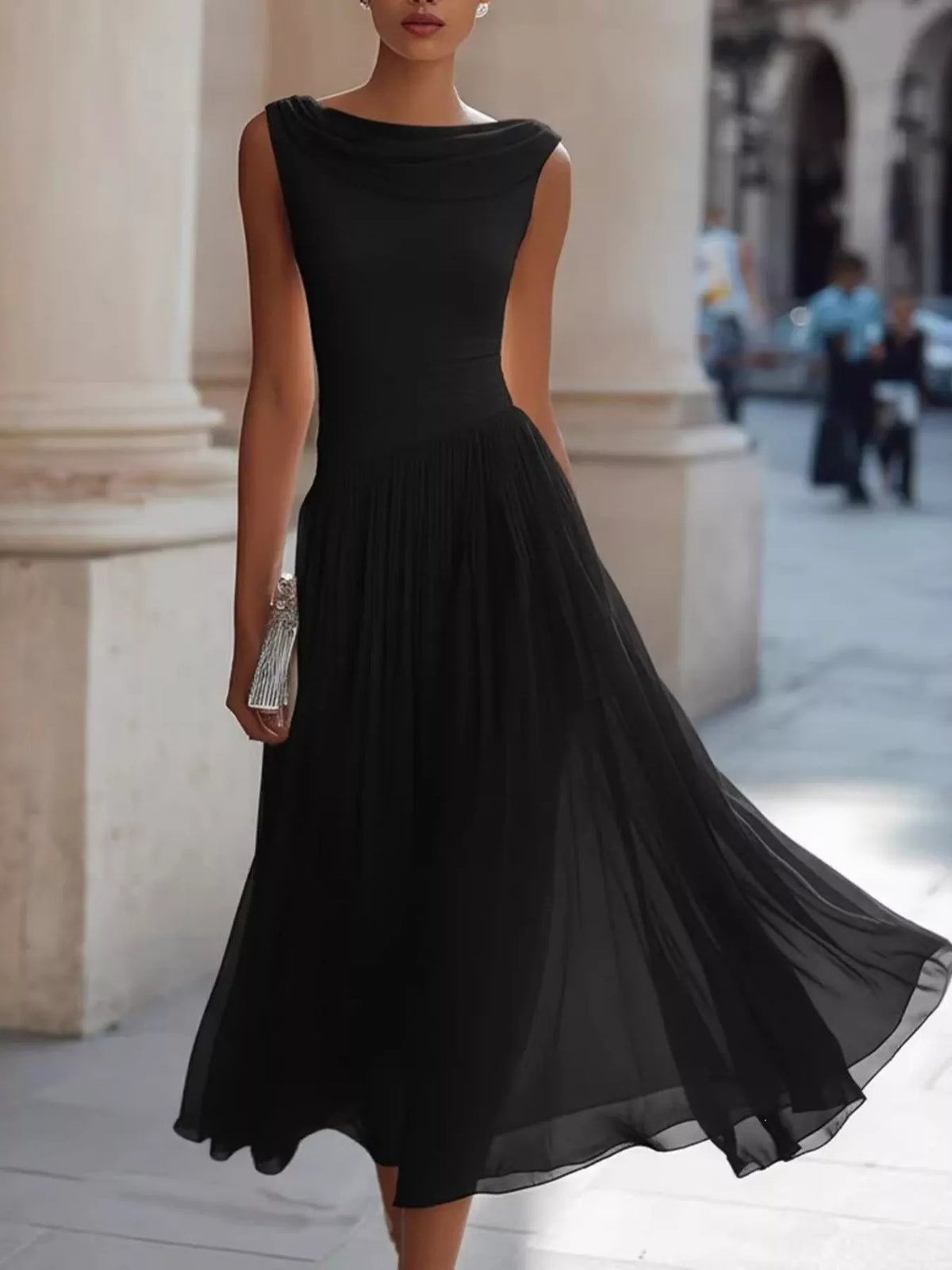 Black stretchy sleeveless cowl neck midi dress with gathered pleated skirt