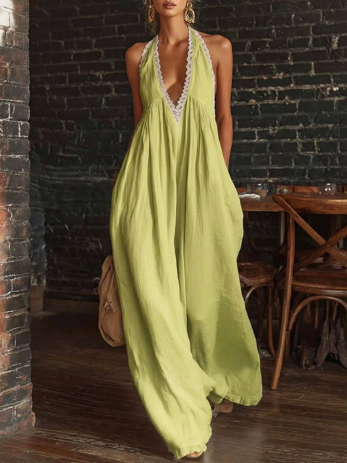 Lime green lace-trim wide-leg halter jumpsuit with deep V neckline