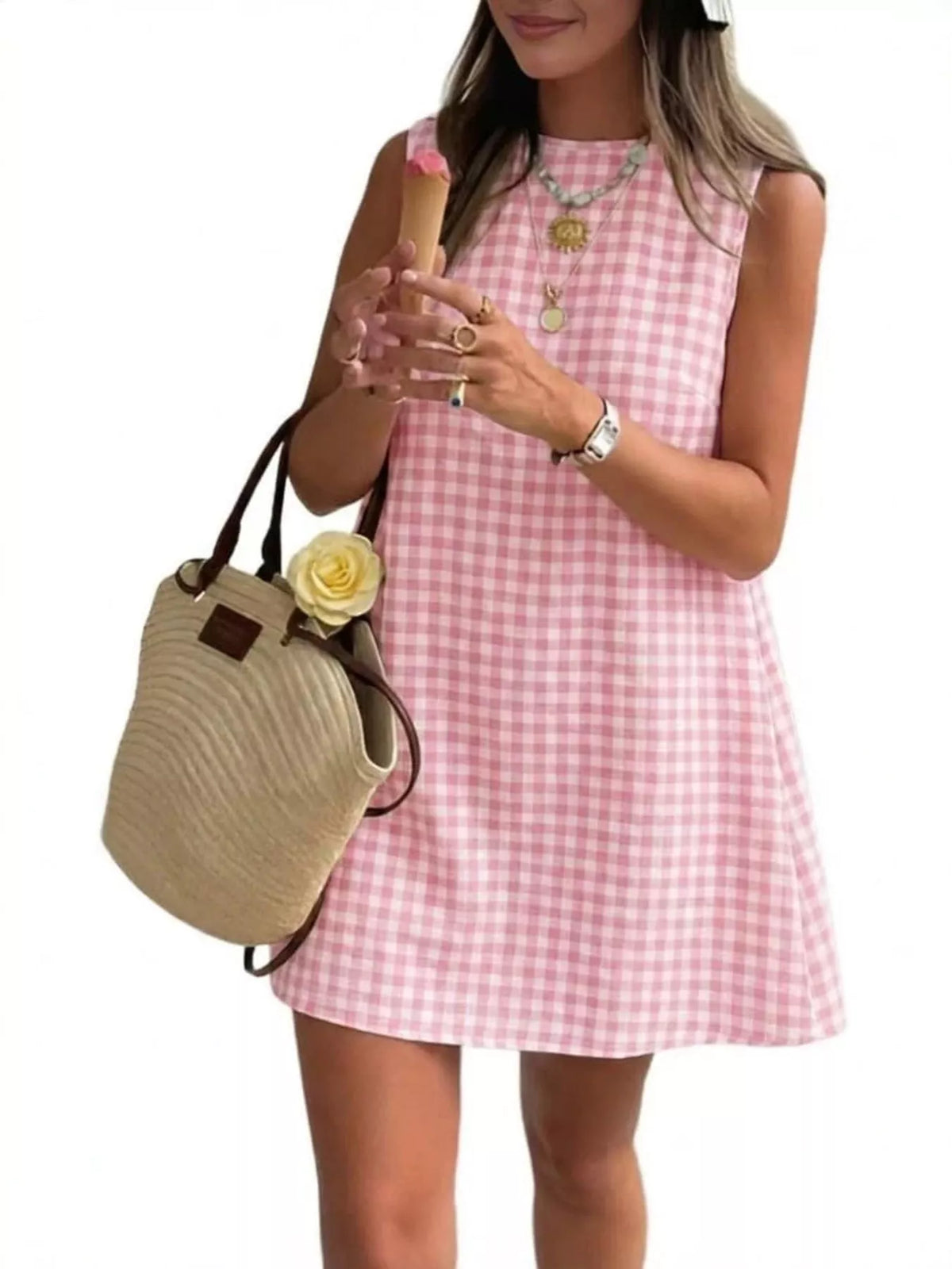 Pink and white gingham sleeveless A-line mini dress with round neckline