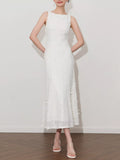 Cedar & Moore Sleeveless Floral Applique Midi Dress, white fabric with petal applique, Trendsi