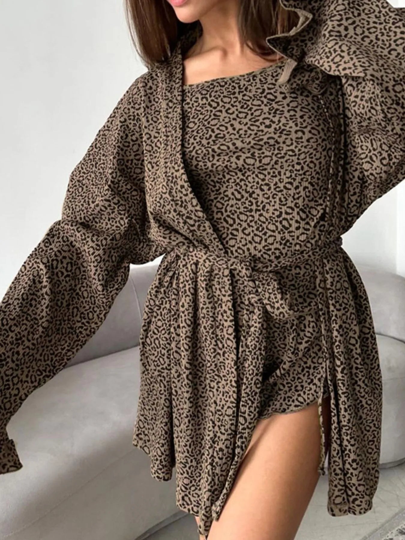 Leopard print cami top with open long cardigan and tie-front hem