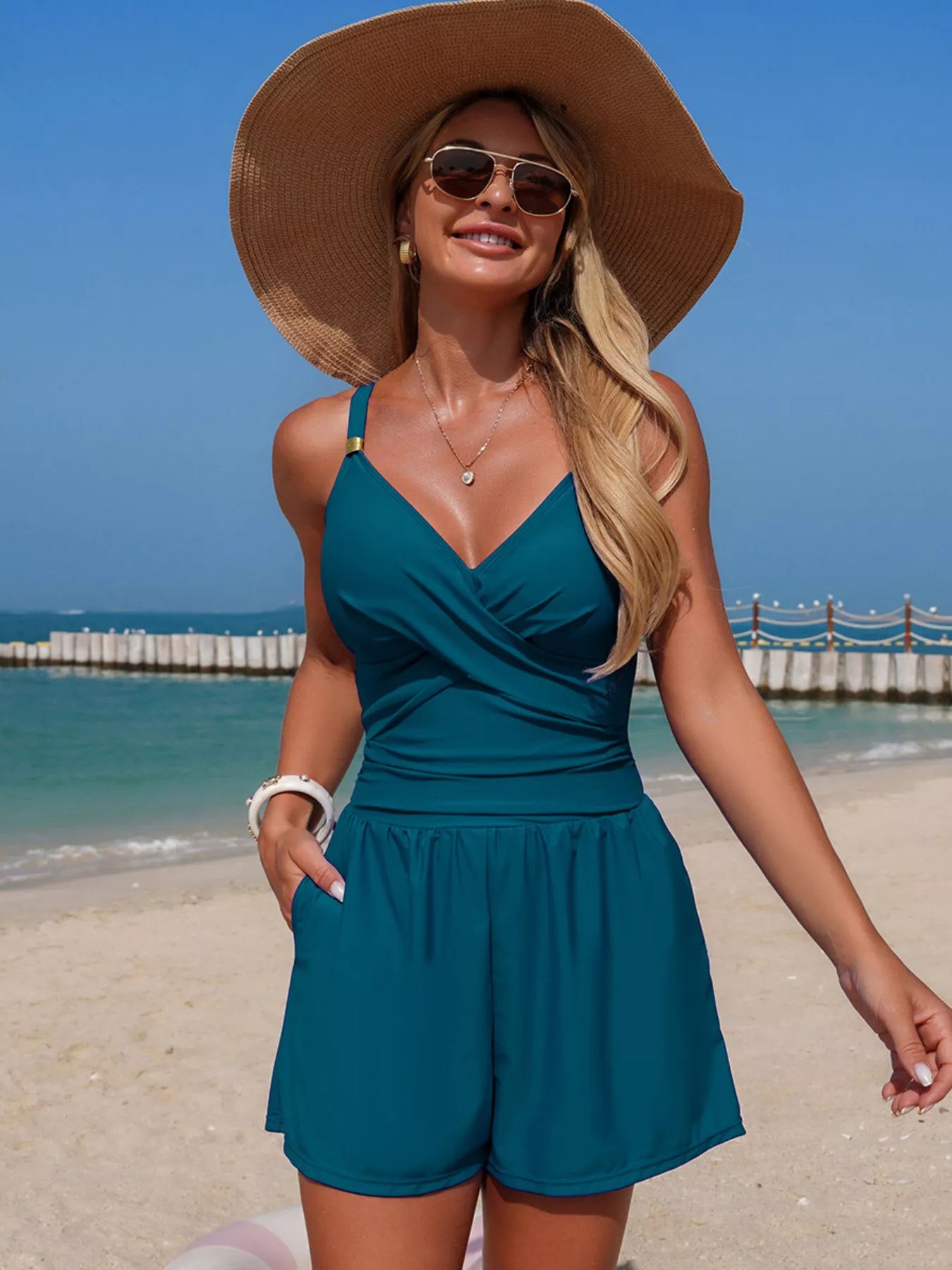 V-Neck Spaghetti Strap One-Piece Swimsuit in teal with chest pocket
