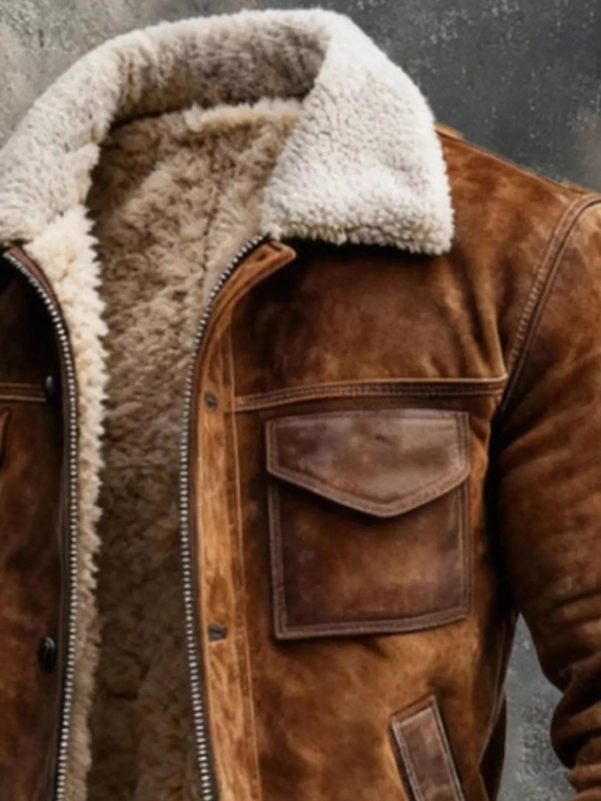 Brown zip-up jacket close-up with plush sherpa collar and rectangular chest flap pocket